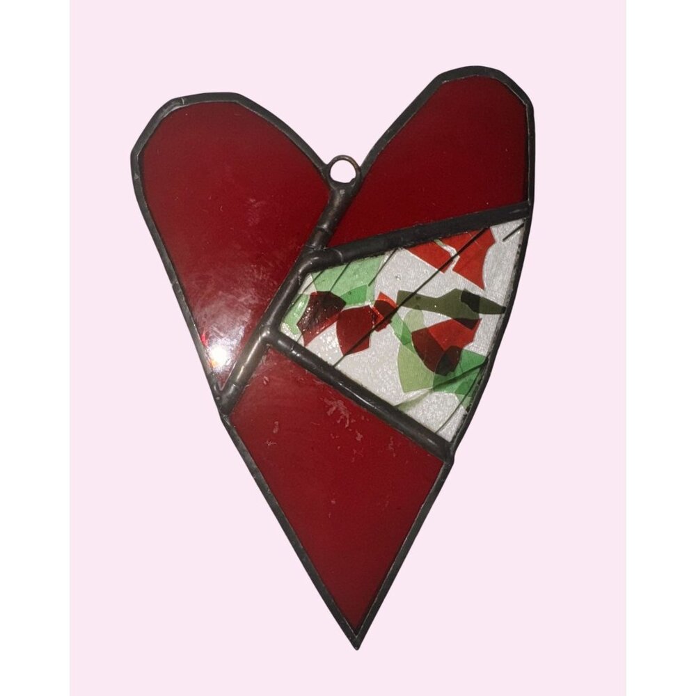 Stained fused Glass Heart Ornament Red Green Mosaic sun catcher